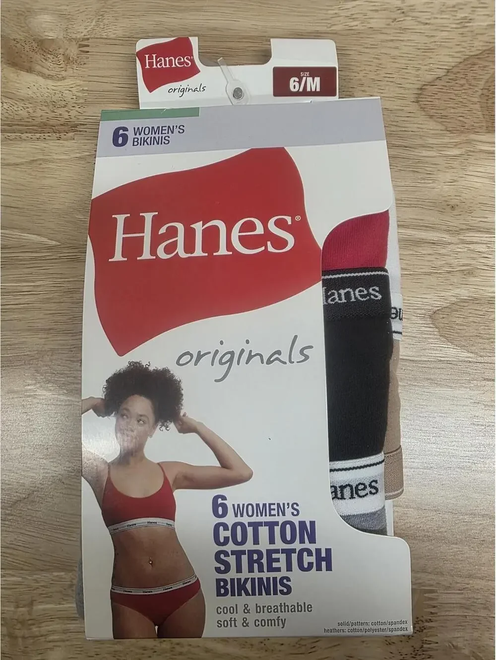 HANES ORIGINALS WOMEN’S STRETCH COTTON BIKINI PANTIES 6‑PACK SIZE M